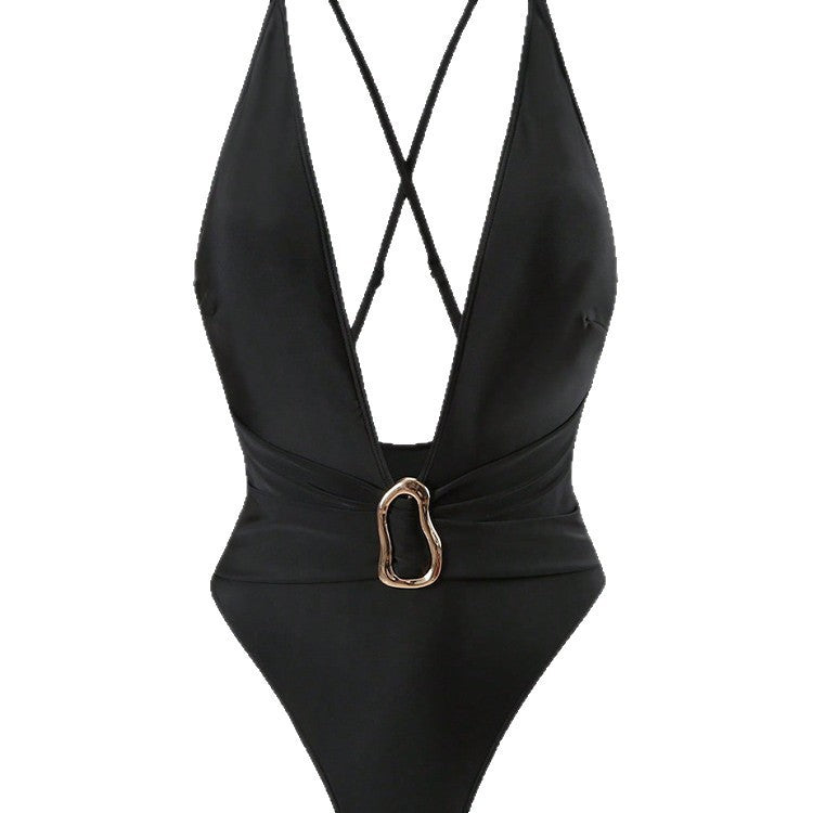 Damen Einteiler Badeanzug mit tiefem V-Ausschnitt und elegantem Gürtel Drune