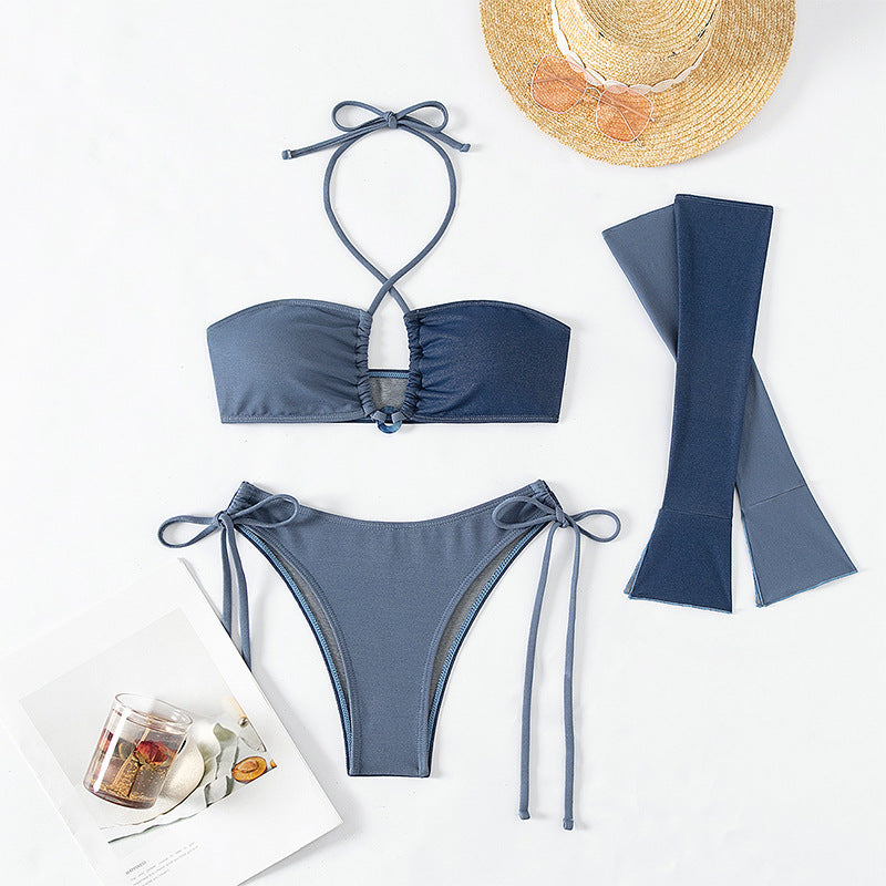 Damen Bandeau-Bikini-Set mit asymmetrischen Ärmeln und verstellbaren Trägern Drune
