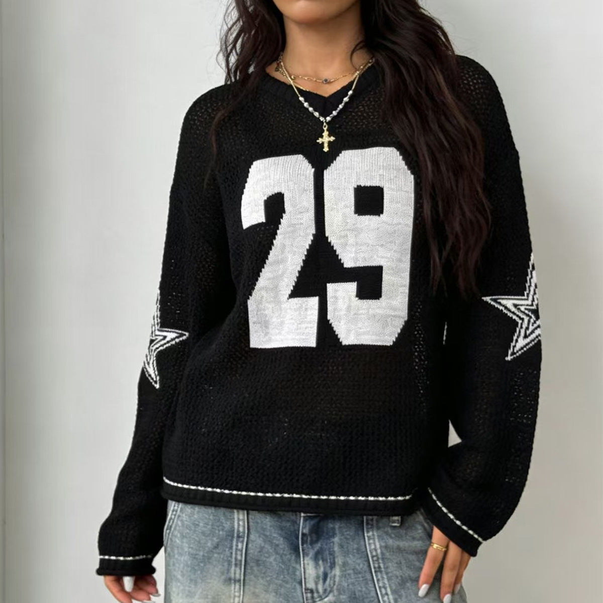 Damen Sportlicher Oversized Pullover mit Motivstickerei Drune