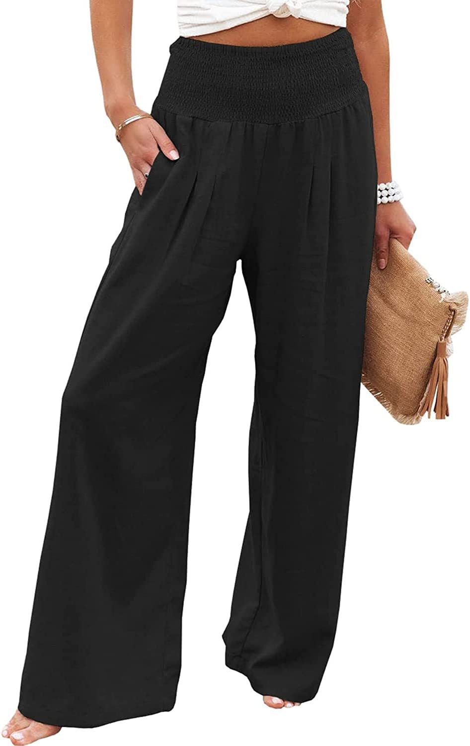 Damen lässige Palazzo-Hose mit elastischem Taillenbund und Seitentaschen Drune