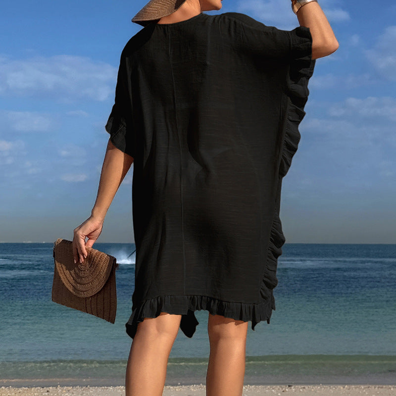 Damen Strandtunika mit elegantem Häkelbesatz und Rüschendetails Drune