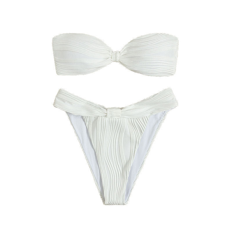 Damen Bandeau-Bikini mit modischer Raffung und hoch geschnittenem Slip Drune