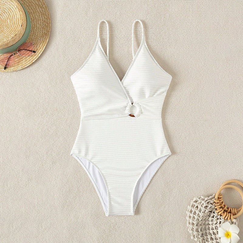 Damen Einteiler Badeanzug mit tiefem V-Ausschnitt und stylishen Knoten-Detail Drune