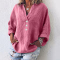 Damen Sommer Knopf V-Ausschnitt Leinen Bluse