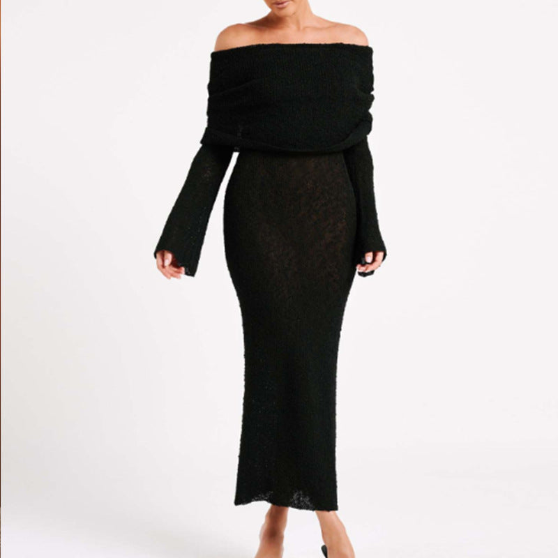 Damen Off-Shoulder Strickkleid mit langen Ärmeln und eleganter Silhouette Drune