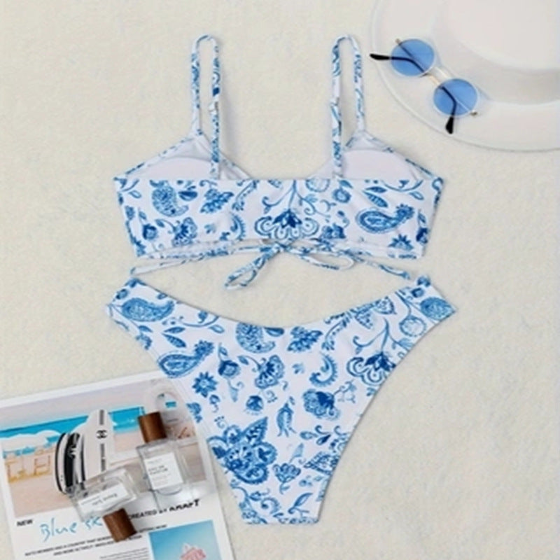 Damen Bikini-Set mit floralem Wickeldetail und hochgeschnittenem Slip Drune