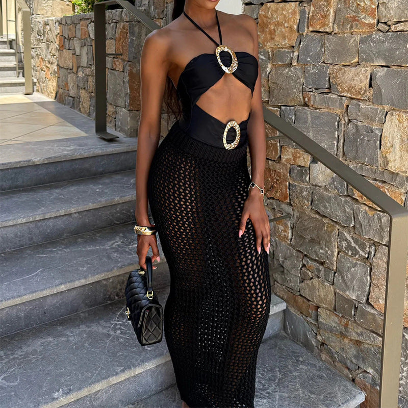 Damen Häkel-Strandrock mit transparentem Netzdesign und hohem elastischen Bund Drune