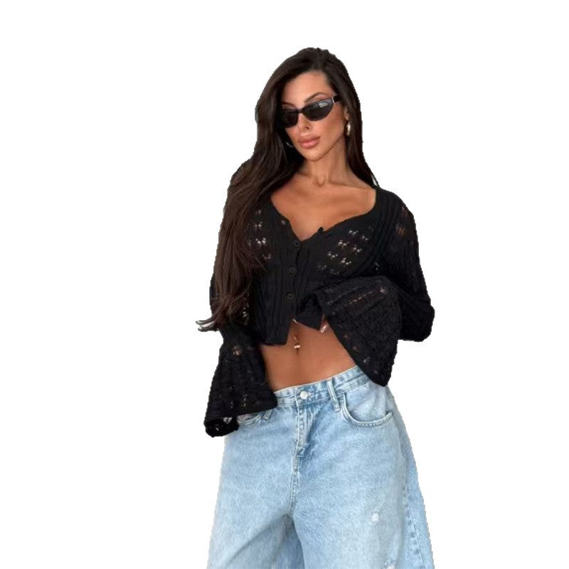 Damen Stylische Strickjacke mit V-Ausschnitt und Schlagärmeln Drune