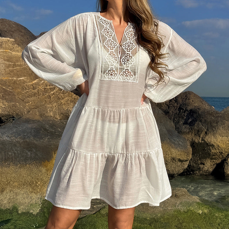 Damen luftiges Strandkleid mit Spitzenbesatz und Wasserfall-Saum Drune