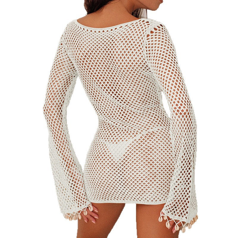Damen Netzkleid mit weitem Ärmel und Muscheldekor Drune
