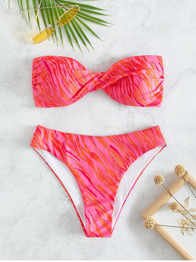 Damen Bandeau-Bikini mit elegantem Knotted-Detail und hochgeschnittenem Unterteil Drune