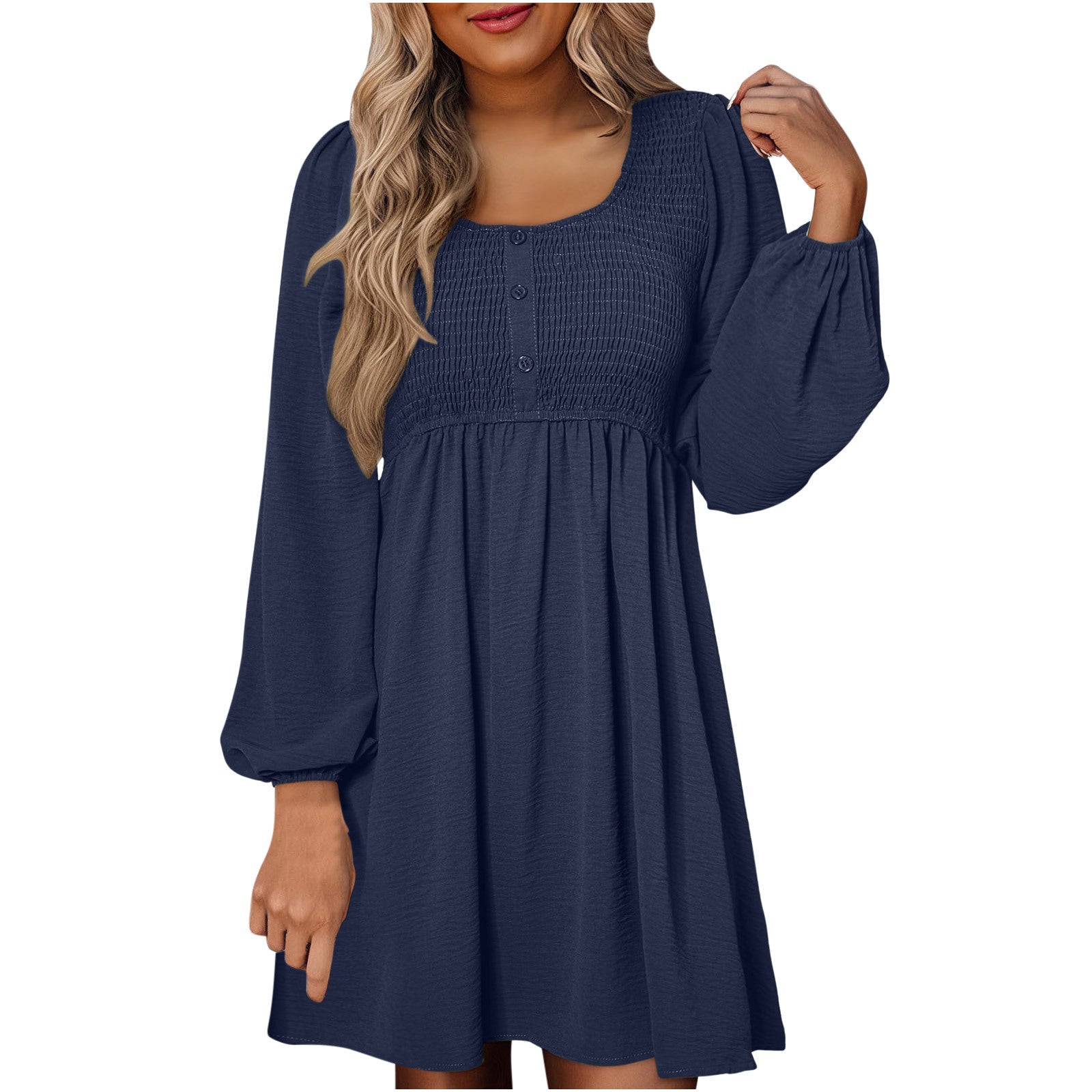 Rosa | Damen Minikleid Smok-Oberteil Eckiger Ausschnitt Langarm