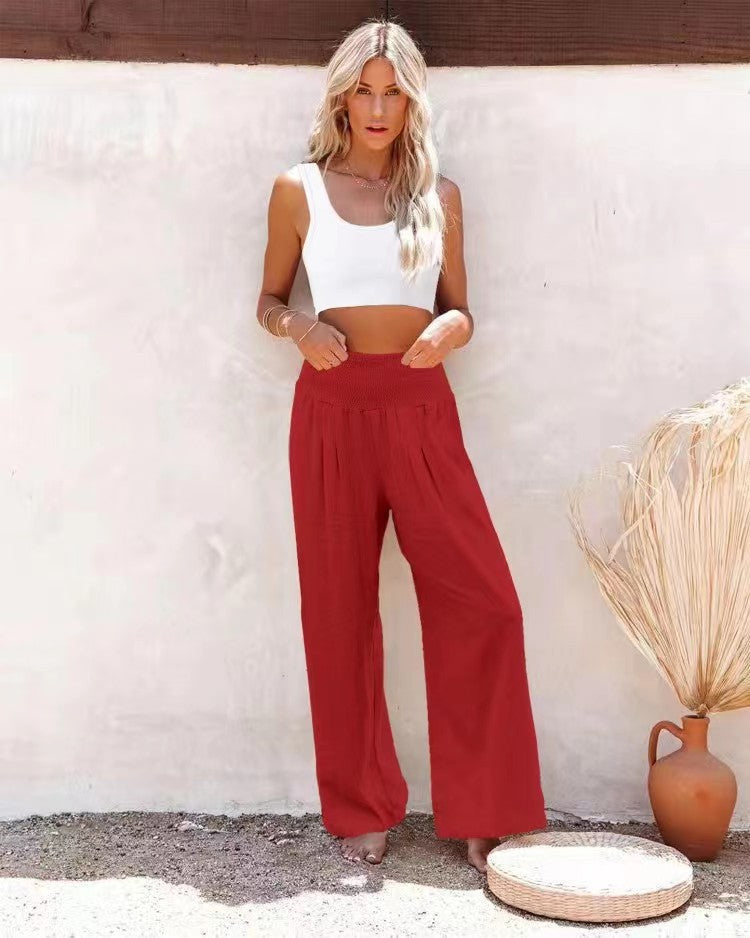 Damen lässige Palazzo-Hose mit elastischem Taillenbund und Seitentaschen Drune