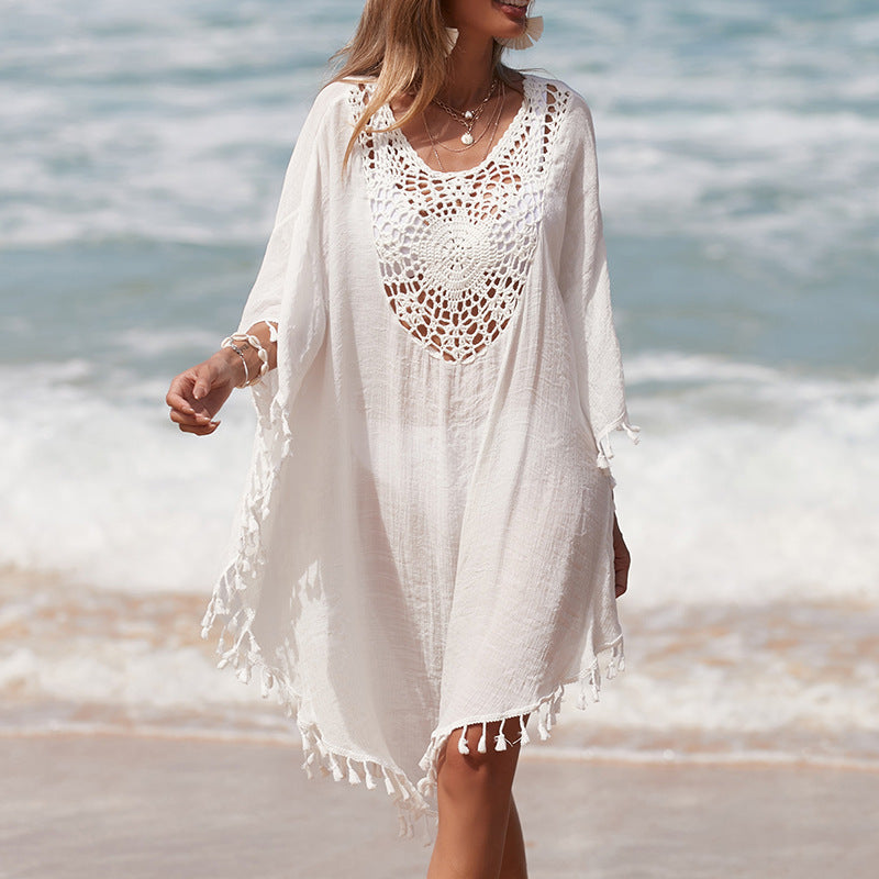 Damen Häkel-Strandüberwurf mit fransigem Saum und elegantem Lochmuster Drune