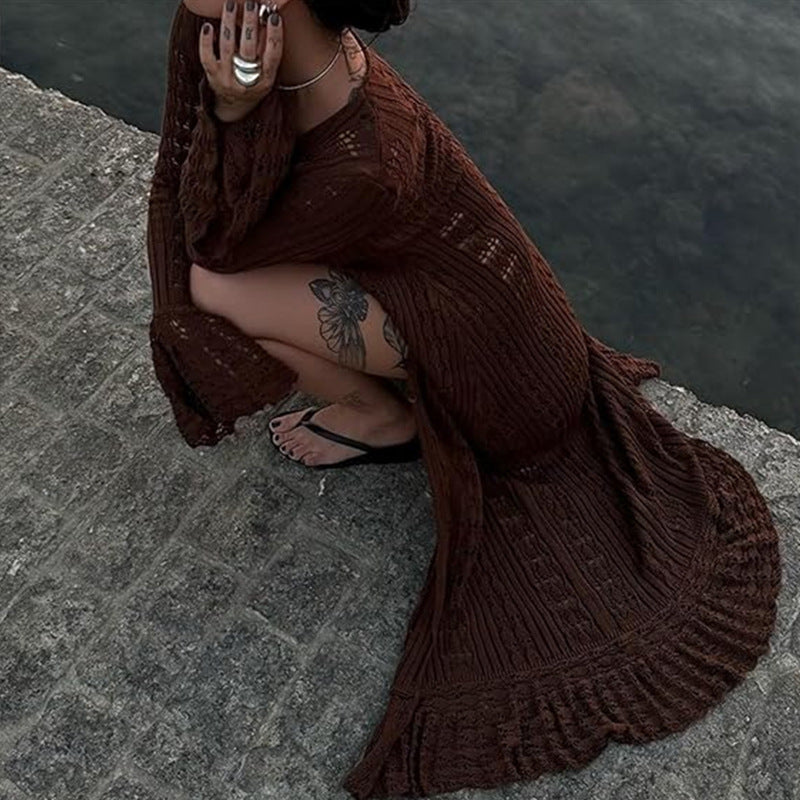 Damen Strickmaxikleid mit nostalgischem Lochmuster und elegantem V-Ausschnitt Drune