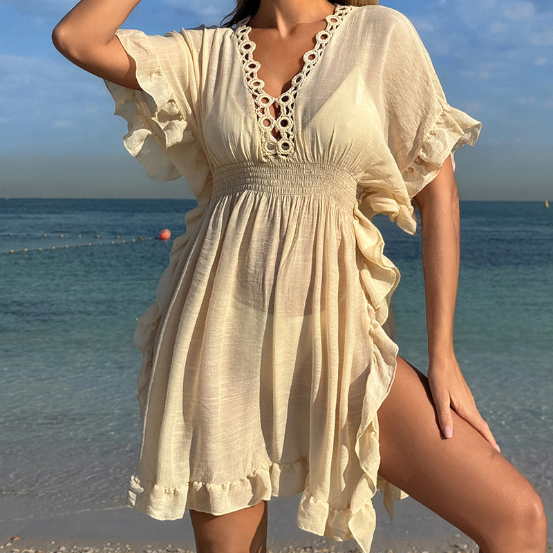 Damen luftiges Strandkleid mit Rüschendetails und vorteilhafter Schärpe Drune