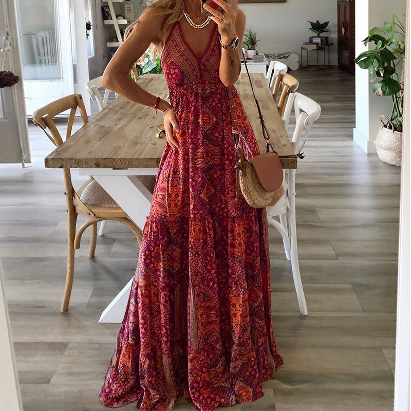 Damen Boho V-Ausschnitt Fließendes Maxi Kleid