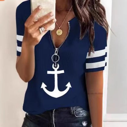 Damen Sportliches T-Shirt mit Reißverschluss und maritimen Motiven Drune