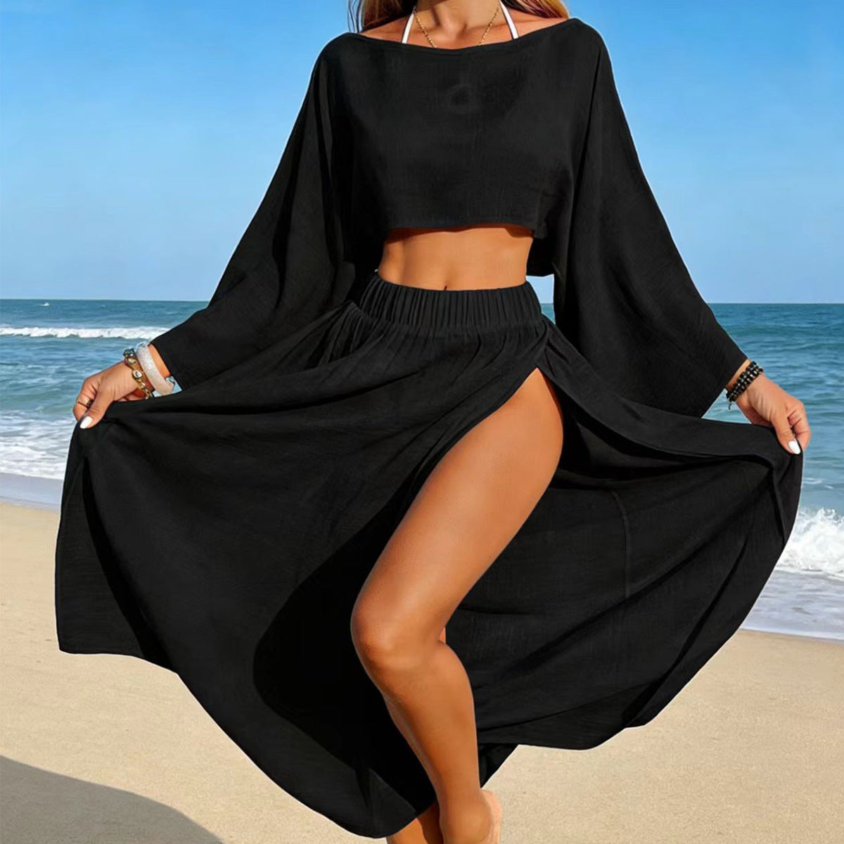 Damen luftiger Strandlook mit weitem Schnitt und hohen Schlitzen Drune