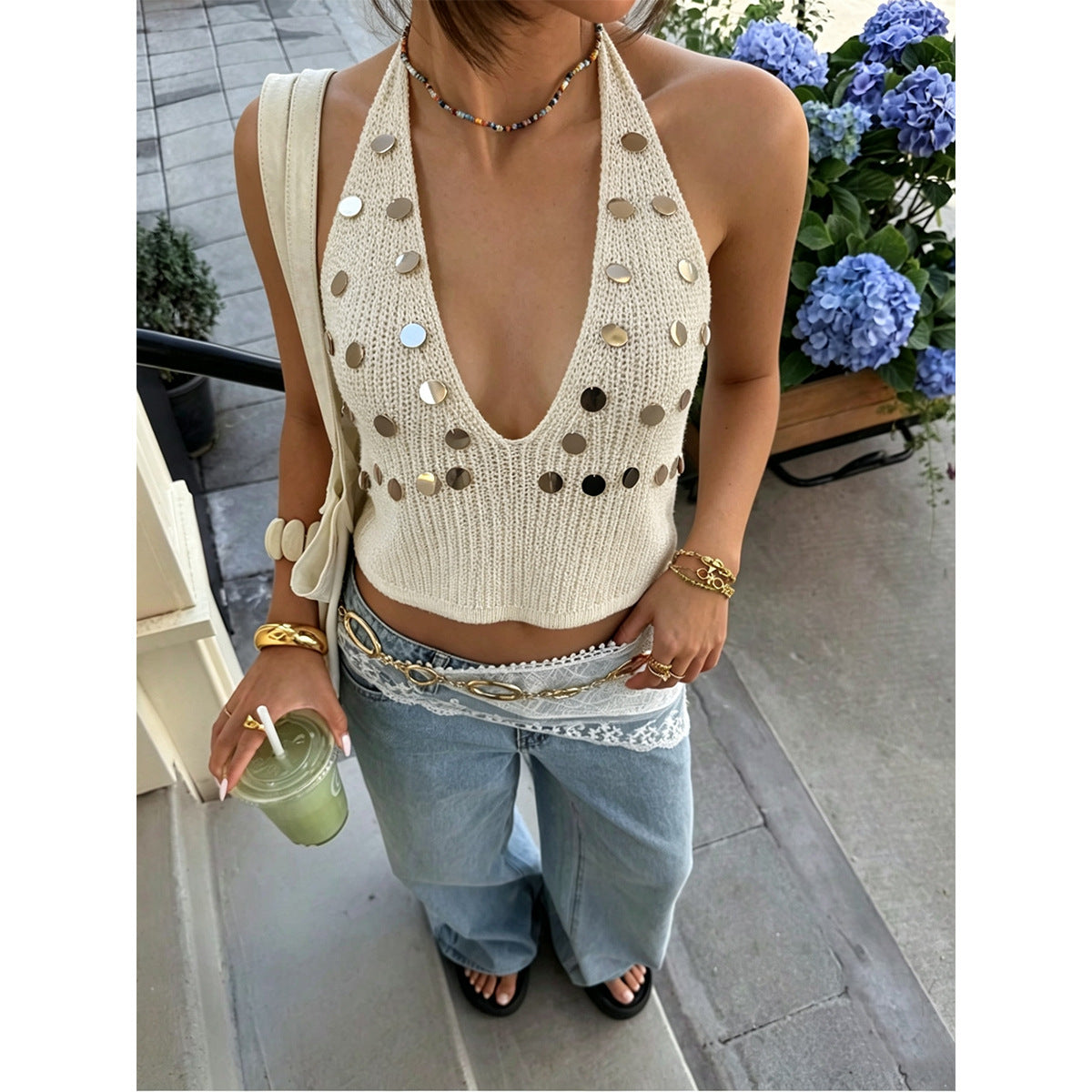 Damen trendiges Stricktop mit tiefem V-Ausschnitt und modischen Metallic-Akzenten Drune
