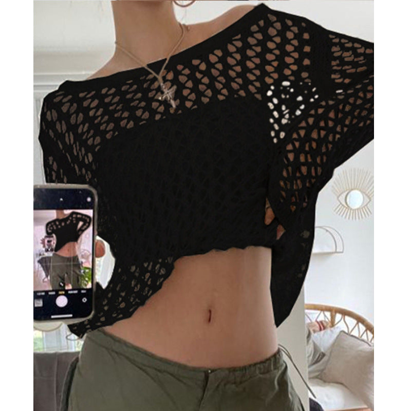 Damen luftiges Häkeloberteil mit weitem Schnitt und transparentem Design Drune