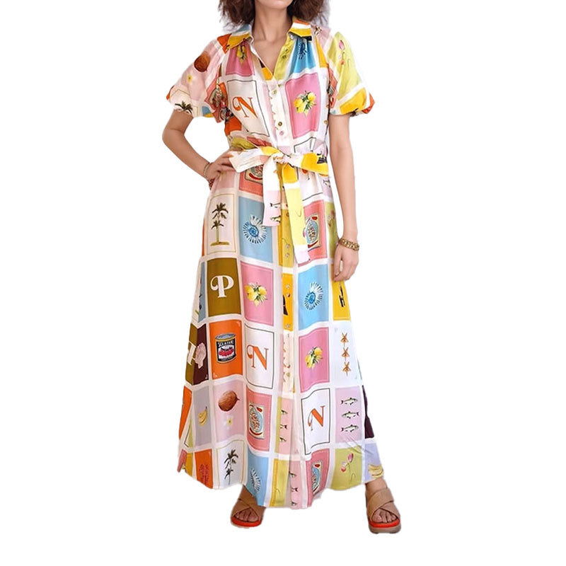 Damen Hemdblusenkleid mit farbenfrohem Print und taillierbarem Gürtel Drune