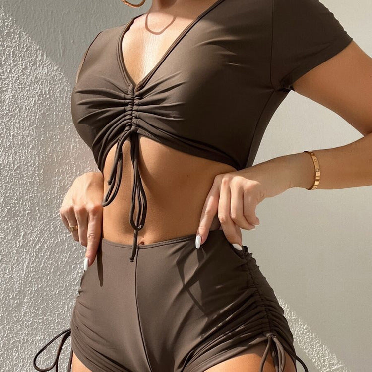 Damen Crop-Top Bikini-Set mit verstellbaren Rüschen und hoch tailliertem Slip Drune