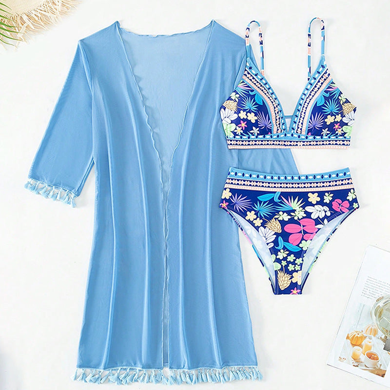 Damen Bikini-Set mit floralem Oberteil und eleganter Wickeljacke Drune