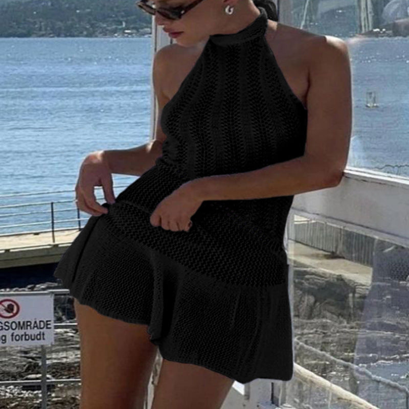 Damen luftiges Strandkleid mit feinem Häkelmuster und voluminösem Saum Drune