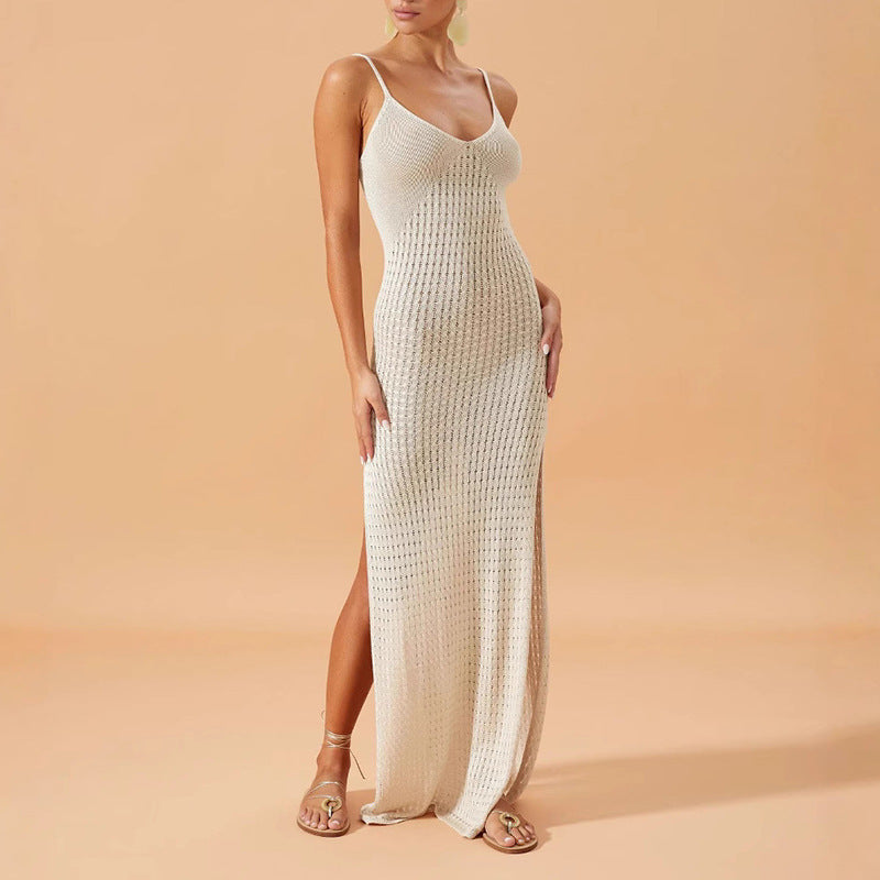 Damen luftiges Strick-Maxikleid mit verführerischen Seitenschlitzen Drune