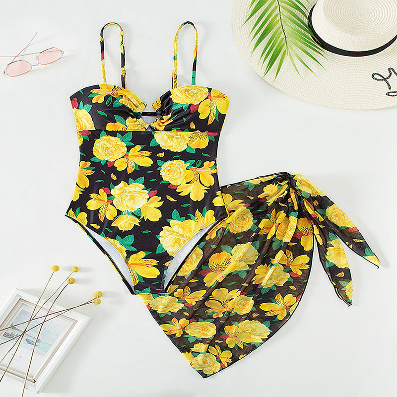 Damen Einteiler Badeanzug mit elegantem Wickelrock und floralem Muster Drune