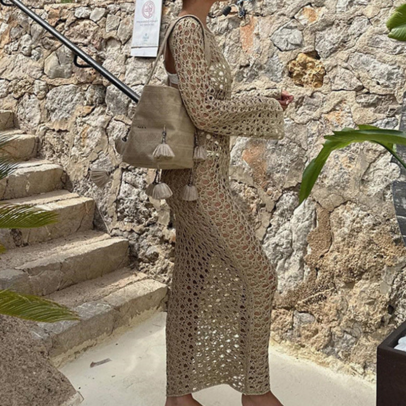 Damen Häkel-Strandkleid mit weiten Ärmeln und modernem Netzdesign Drune
