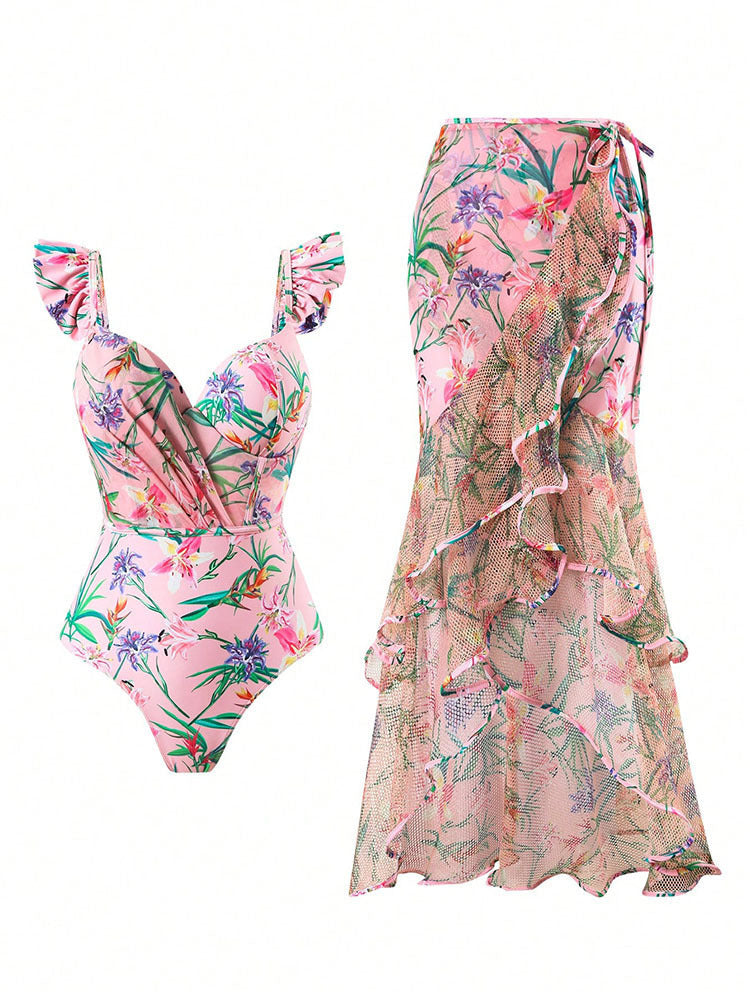 Damen Einteiler Badeanzug mit floralem Wickelrock Drune