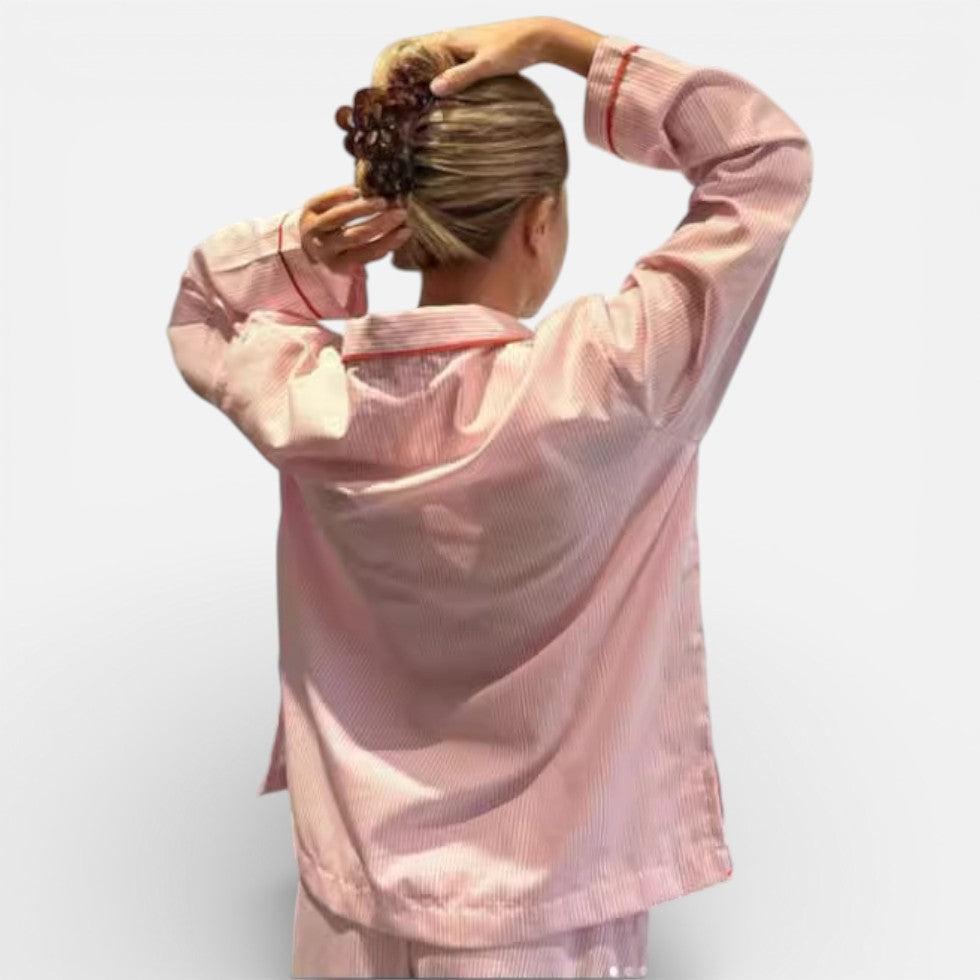 Damen Pyjama Set mit Knopfleiste und gestreiftem Design