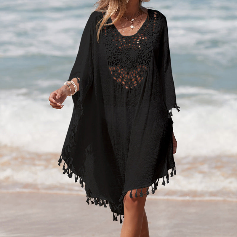 Damen Häkel-Strandüberwurf mit fransigem Saum und elegantem Lochmuster Drune