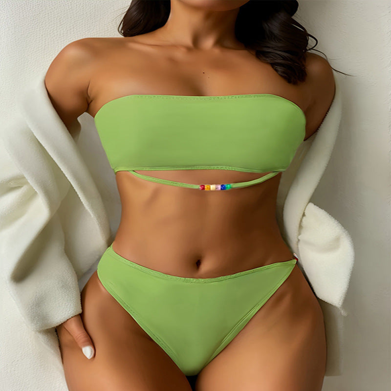 Damen Bandeau-Bikini-Set mit farbenfroher Schnürung und hohem Beinausschnitt Drune