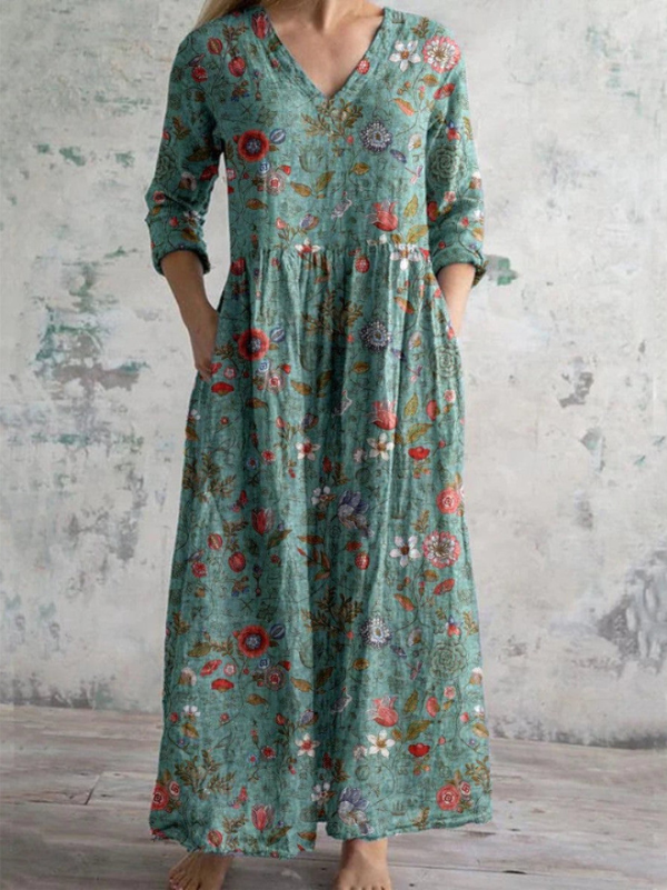 Damen Blumenmuster V-Ausschnitt Midikleid