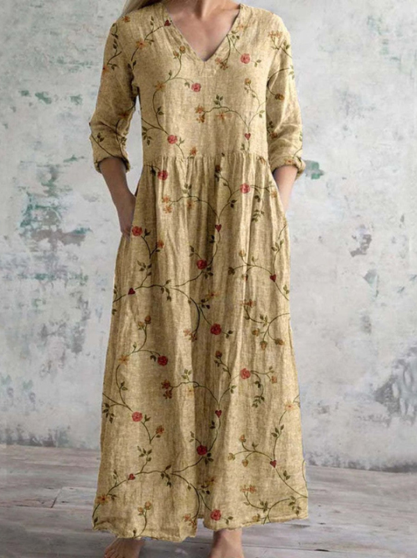 Damen Blumenmuster V-Ausschnitt Midikleid