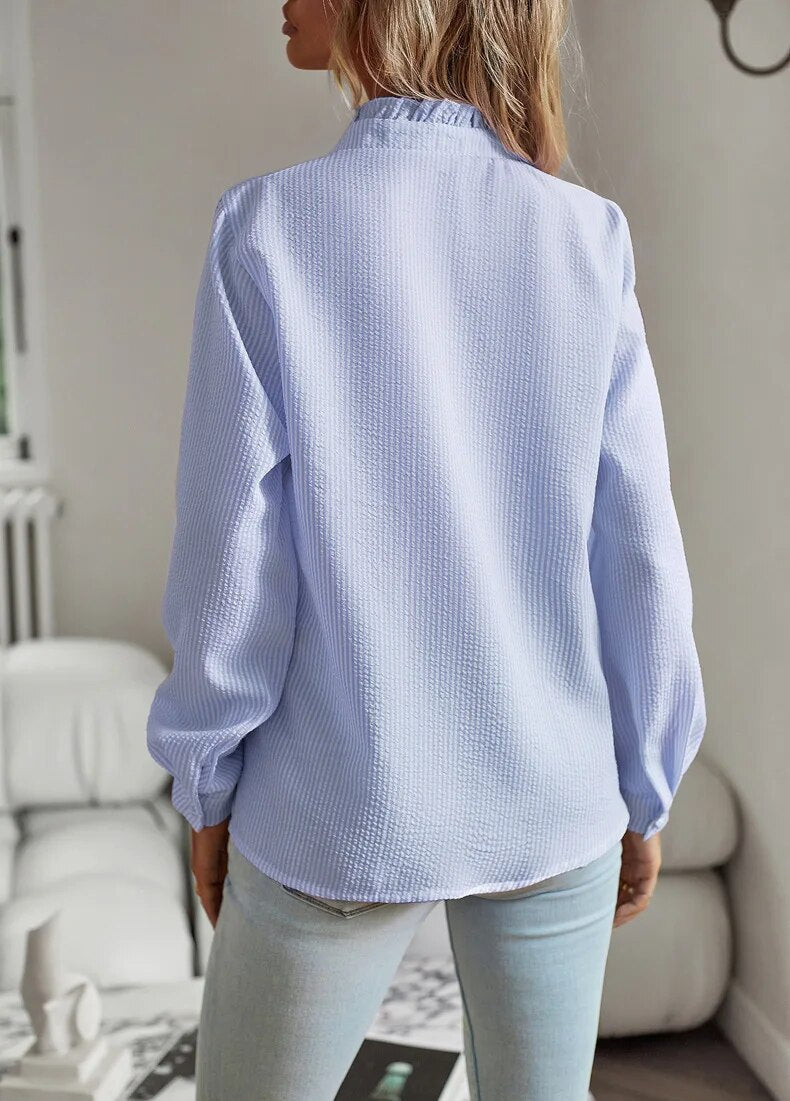 Damen Geknöpft Elegant Gestreift Bluse