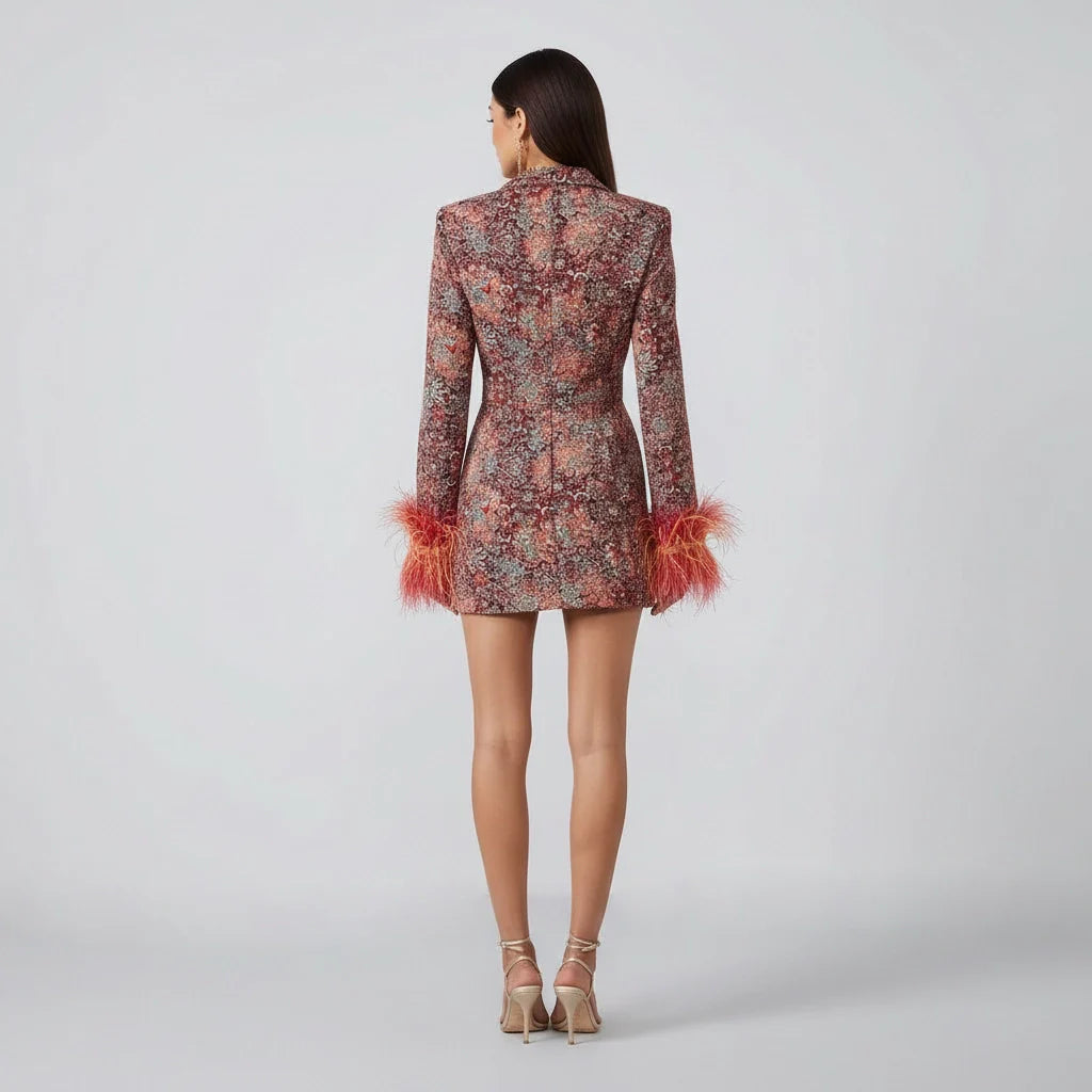 Blazerkleid mit V-Ausschnitt und Federn für Damen - mini