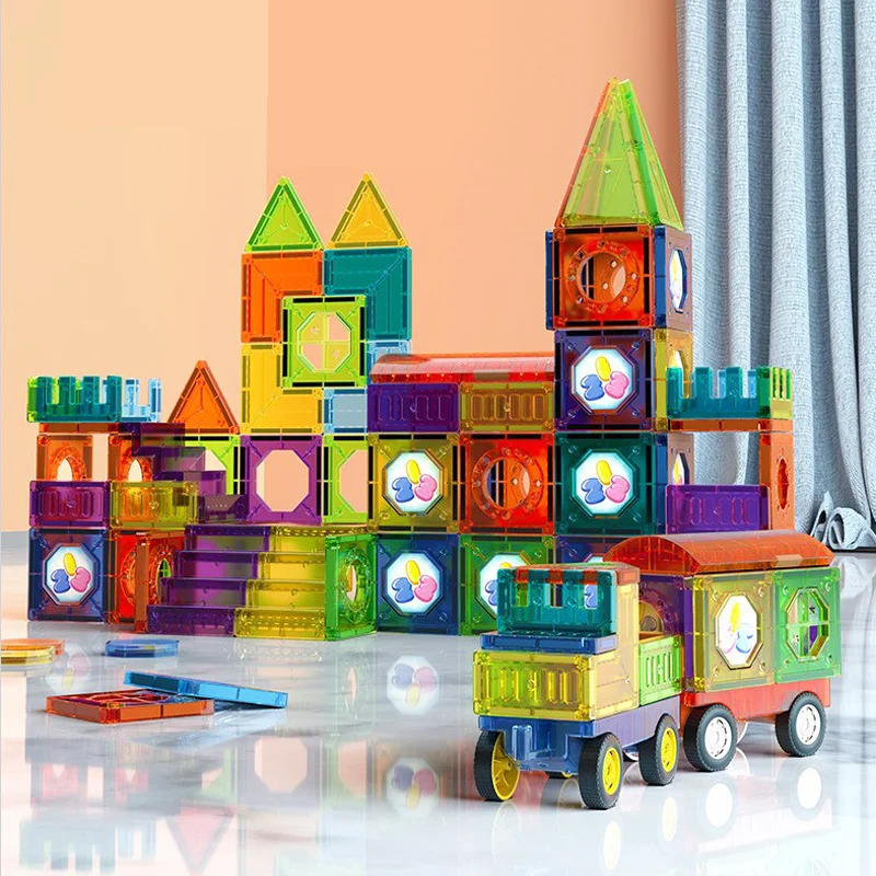 Pädagogisches Magnetbaustein-Set – 69-teiliges LED-Licht-Konstruktionsspielzeug für Kinder