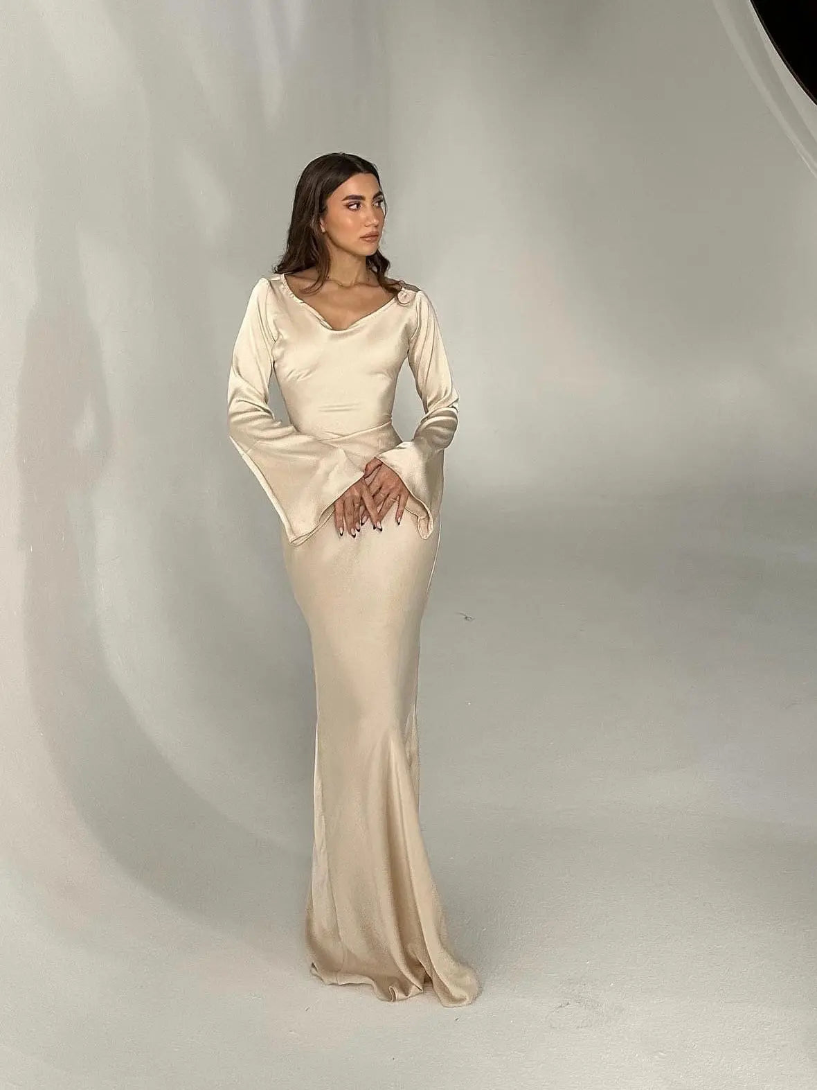 Aria | Damen Maxi Kleid Langarm Fließend Elegant Abendkleid