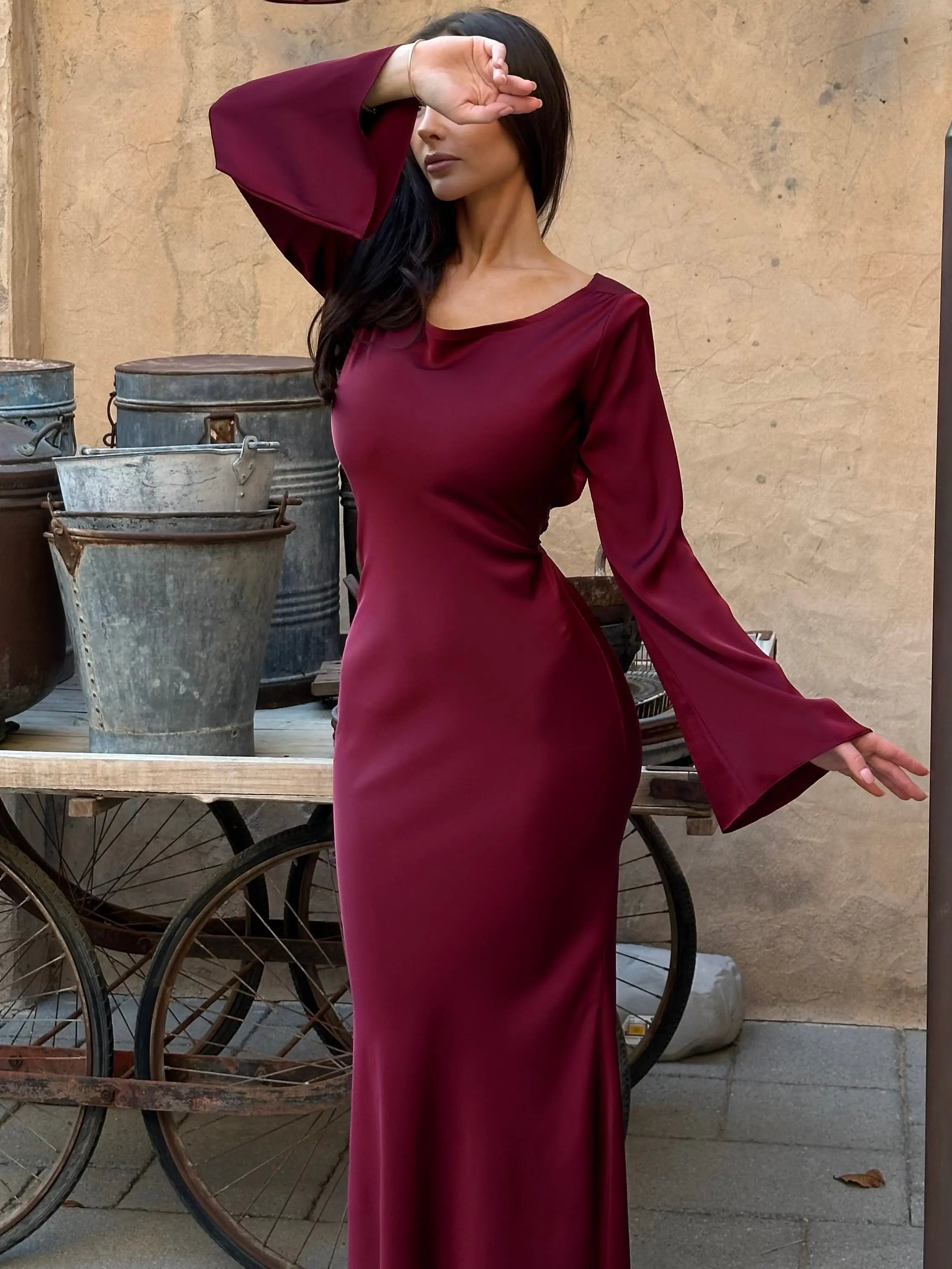 Aria | Damen Maxi Kleid Langarm Fließend Elegant Abendkleid