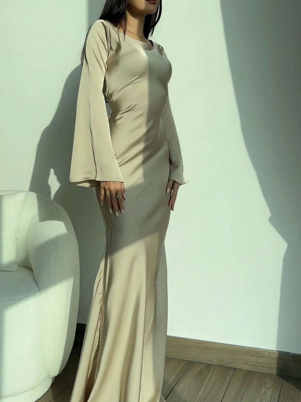 Aria | Damen Maxi Kleid Langarm Fließend Elegant Abendkleid