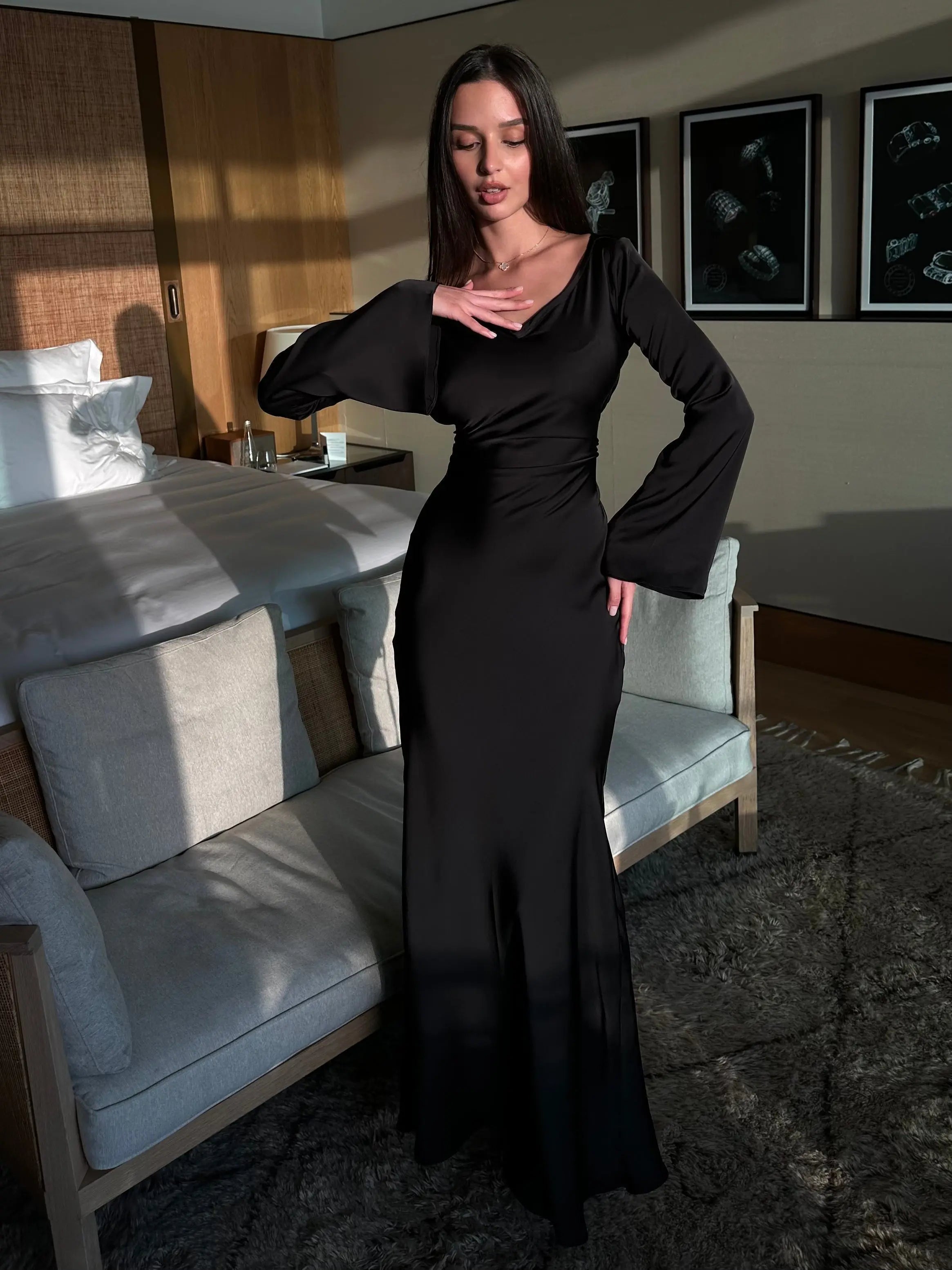 Aria | Damen Maxi Kleid Langarm Fließend Elegant Abendkleid