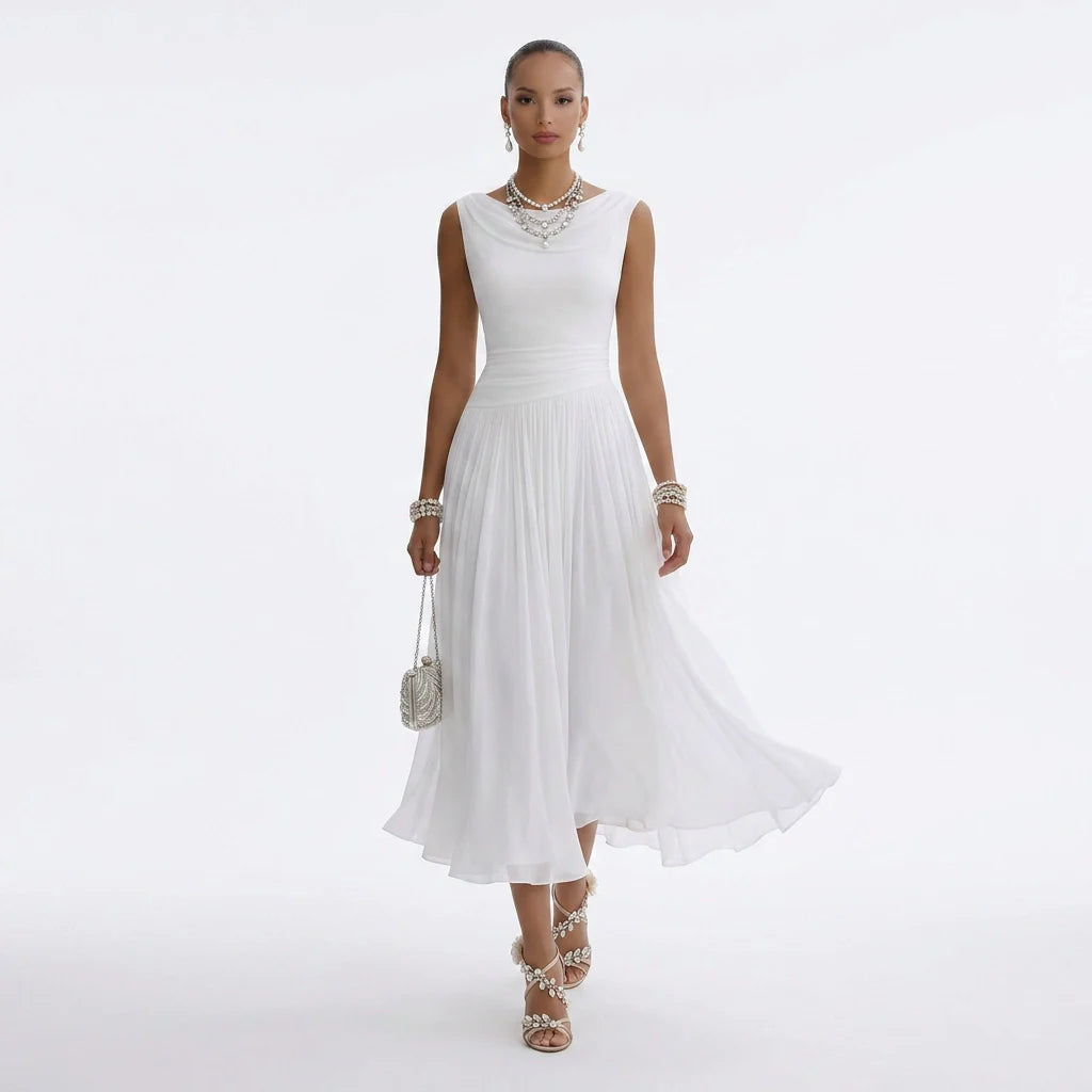 Plissiertes Midikleid für Damen als Hochzeitsgast mit Drapierung