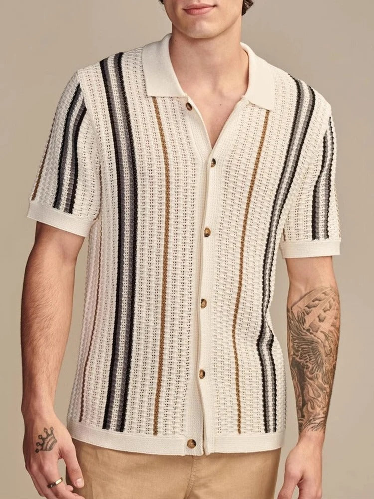 Poloshirt Herren | Offenes Strick-Polo mit Streifen & Vollknopfleiste