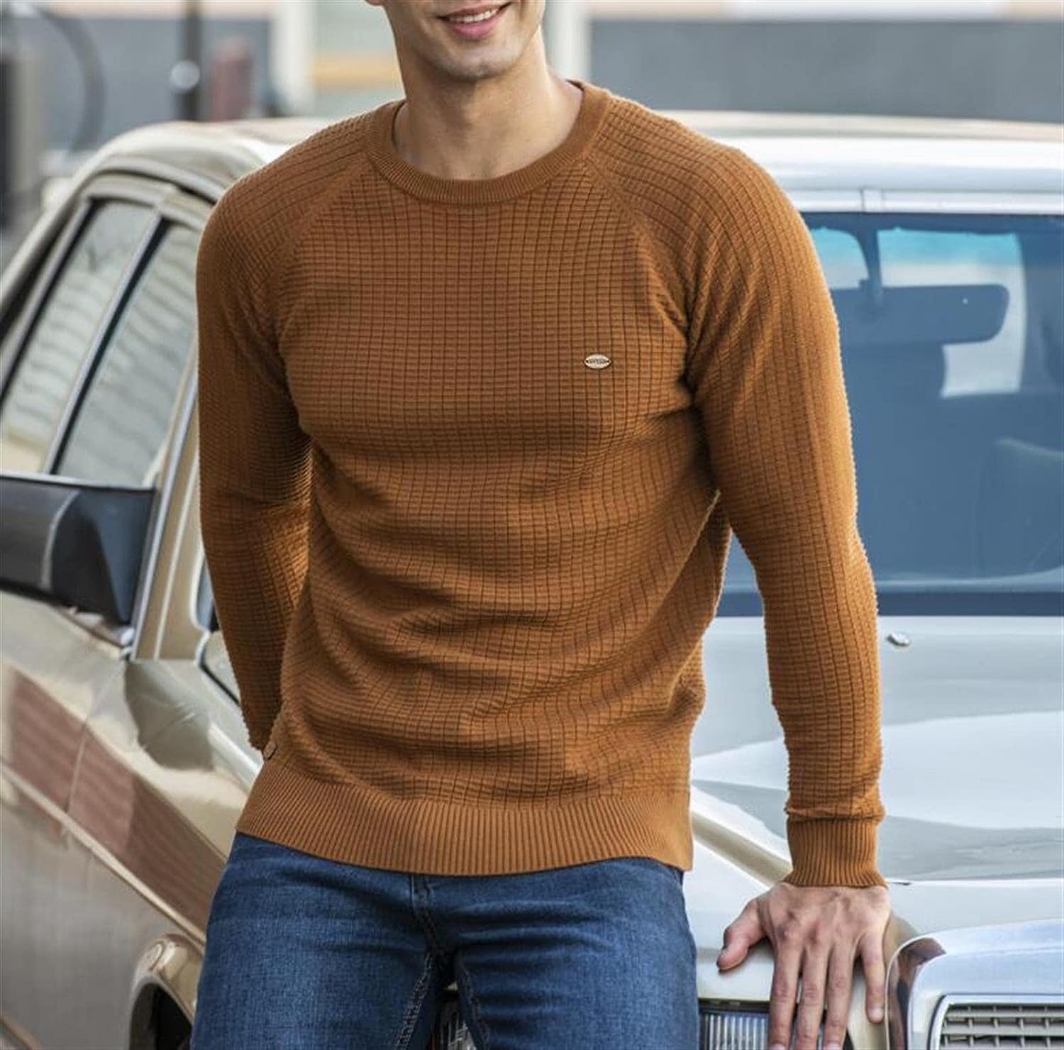 Herren Rundhals Strukturierter Strickpullover
