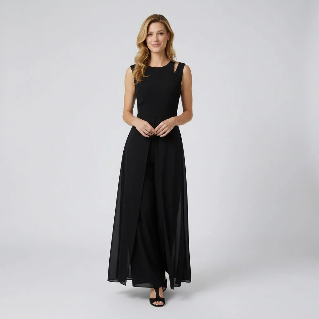 Ärmelloser Jumpsuit mit weitem Bein und fließendem Chiffon Überwurf im eleganten Schnitt