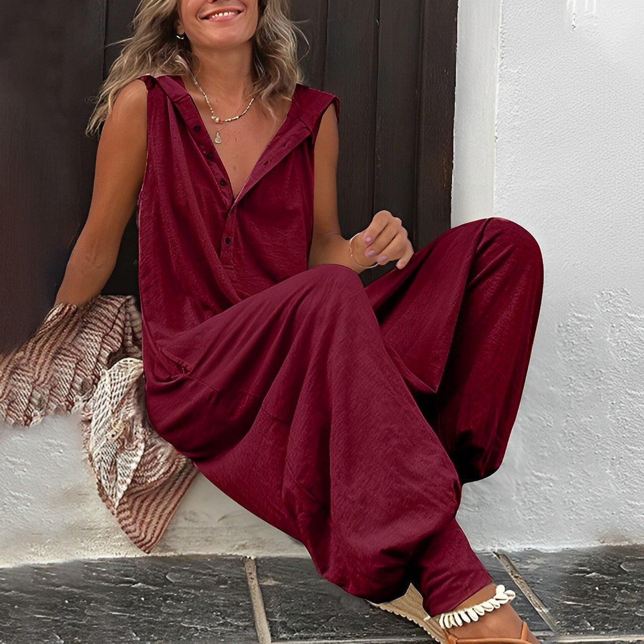Sofia | Damen Jumpsuit Weites Bein V-Ausschnitt Sommer Overall